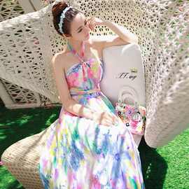 泰国三亚海边度假沙滩裙女夏波西米亚长裙雪纺碎花显瘦裙子连衣裙