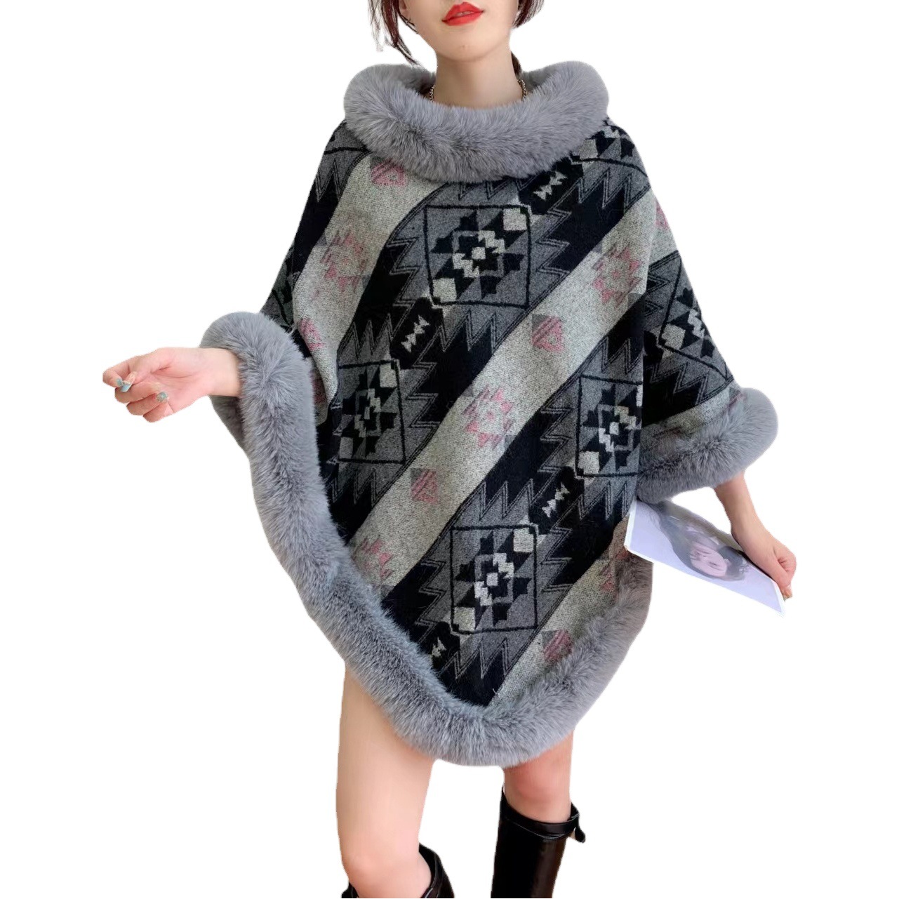 2023 europeo y americano nuevo a cuadros capa caliente imitación Rex conejo piel chal transfronterizo ropa de mujer para jacquard chal