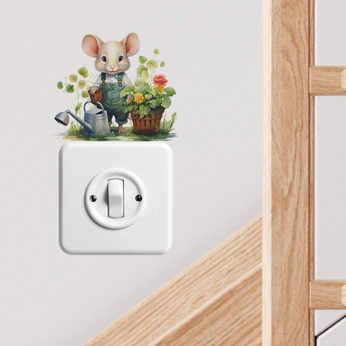 Foreign Trade Cute Little Mouse Watering Flowers Children's Room Bedroom Home Decor Switch Decal Wall Sticker Decal Paper Wholesale