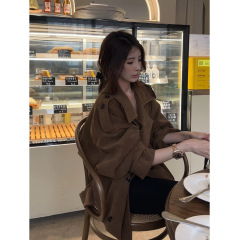 棕色设计感立领麂皮小个子外套女2025秋新款韩系复古宽松休闲大衣