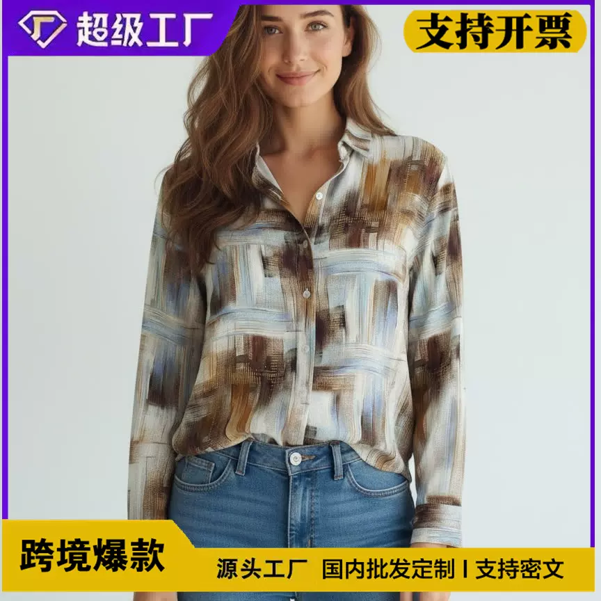 2026新款跨境外贸春秋季新款个性风潮牌宽松原创古着感油画女衬衫