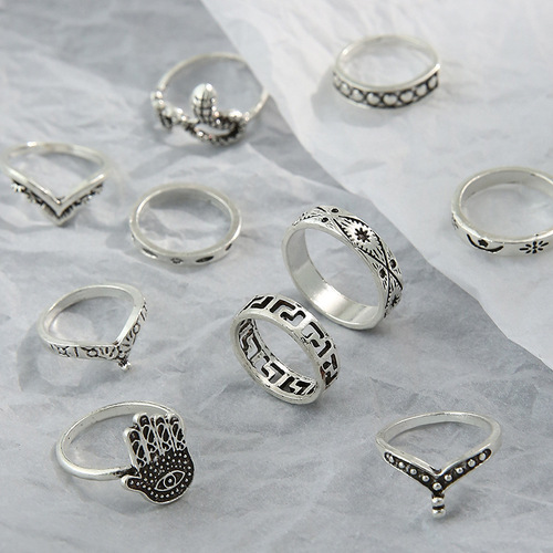European and American cross-border ins style retro metal personalized female palm snake geometric pattern 9-piece set ring wholesale