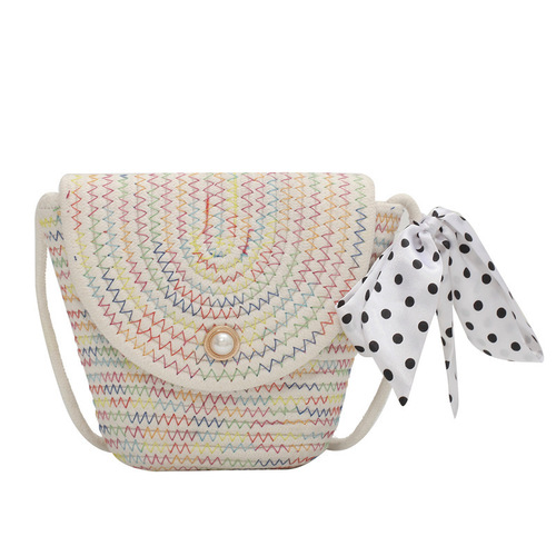 Summer new ins Internet celebrity woven silk scarf pearl bag women's bucket bag beach vacation single shoulder crossbody bag