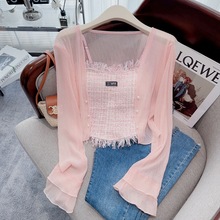 夏季新款粉色甜辣流苏吊带背心上衣女+感薄款防晒开衫两件套