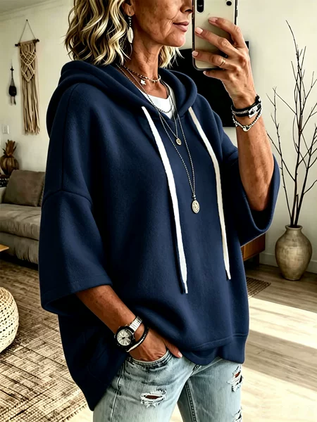 Cross-Border European and American Women's Fashion Loose-Fitting Three-Quarter Sleeve Hooded Drawstring T-Shirt Batwing Sleeve Top Jacket