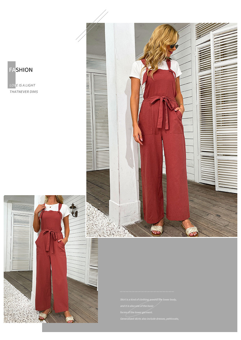 Red Retro Wide-leg High-waisted Slim Cotton and Linen Overalls_voghion.com