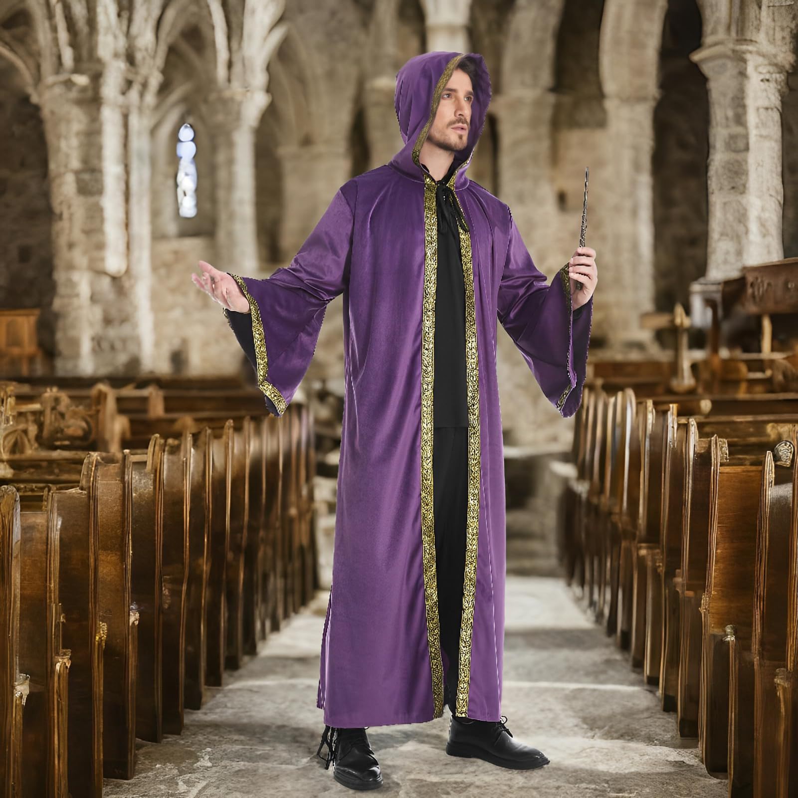 Halloween cape, unisex wizard cloak robe with hood and sleeves, Dutch velvet cosplay costume