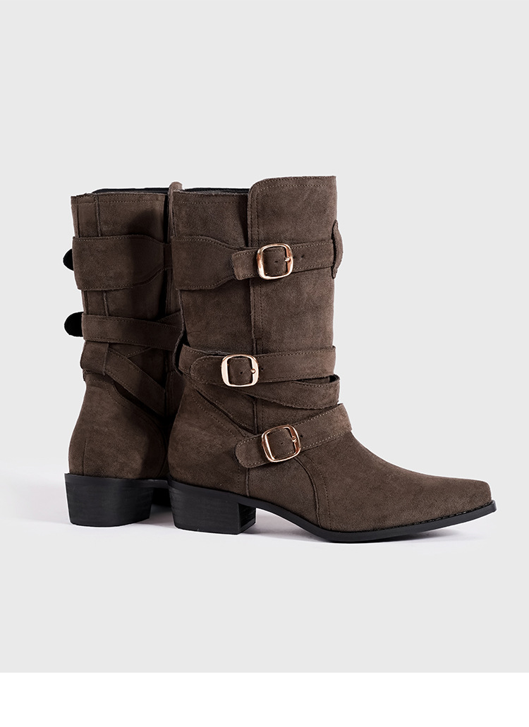 Spetsiga Knight-stövlar för kvinnor Hösten 2024 nya brittiska stövlar med spänne i västerländsk stil, mellanhöga Martens-stövlar för kvinnor_voghion.com