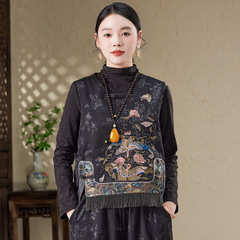 国風中国式重工刺繍盤は民族の肩を掛けて2025新型のレトロなジャカードの女性のベストを掛けます。