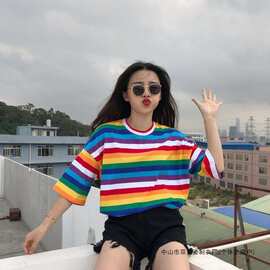 ins夏季丧系彩虹条纹短袖t恤女学生韩版宽松原宿风bf半袖女体恤衫