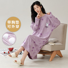睡裙女士秋冬季仿棉睡衣长袖带胸垫新款卡通大码中长款裙子家居服
