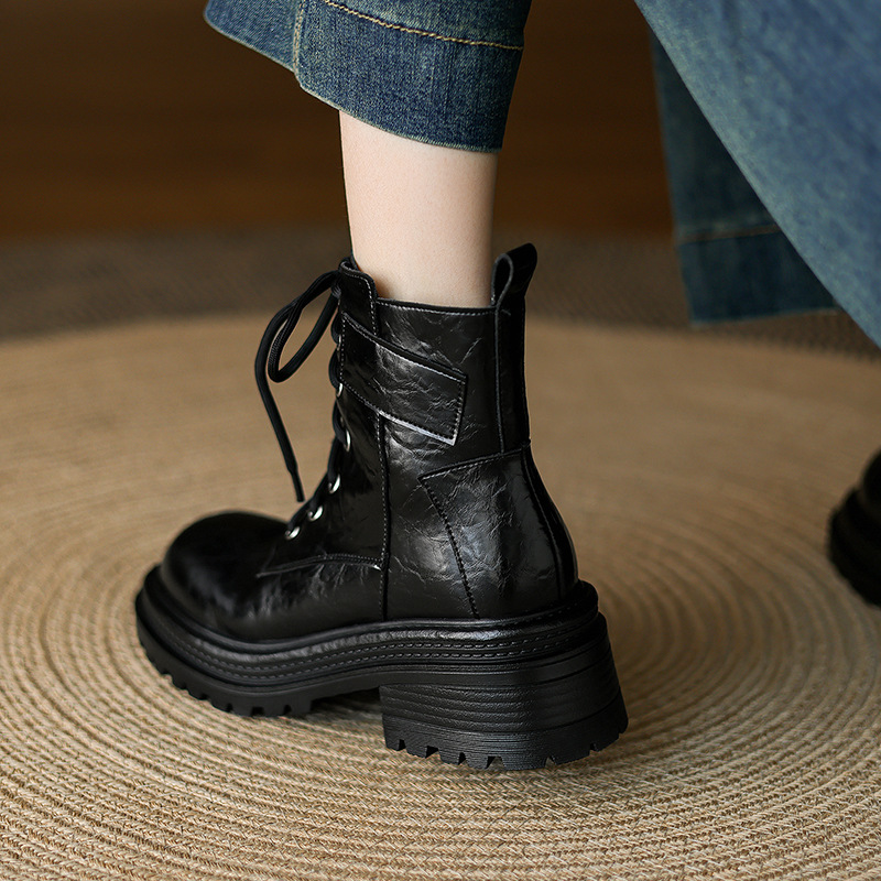 Boot Martin nữ gót dày buộc dây đế tăng chiều cao phong cách Maillard thu đông 2025 — Lớp lót nhung đen, Nhung nâu, Lớp lót đơn màu đen, Lớp lót đơn màu nâu
