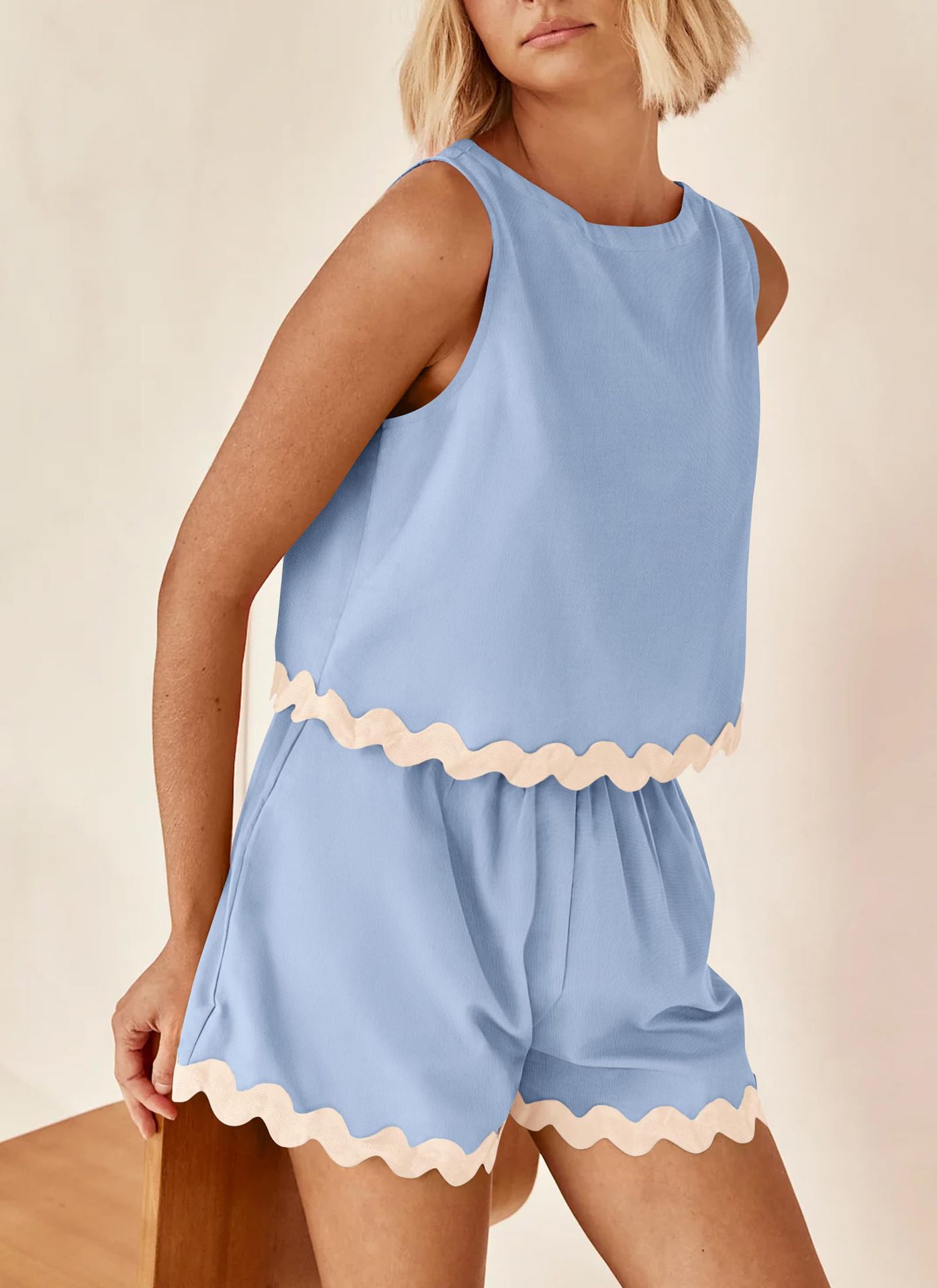 227g Weight Sleeveless Sleeve Length Linen, Lace Fabric Type Shorts Pants Type Shorts Co-ord Set Sets Type 2 Pieces Set Quantity Daily Occasion Round Neck Neckline Loose Fit Type Color Block, Waves Pattern Summer Season Women's Gender Casual Style Lace Craft Daily Women's Casual Color Block Waves Linen Lace Shorts Co-ord Set Shorts Shorts Sets 16
