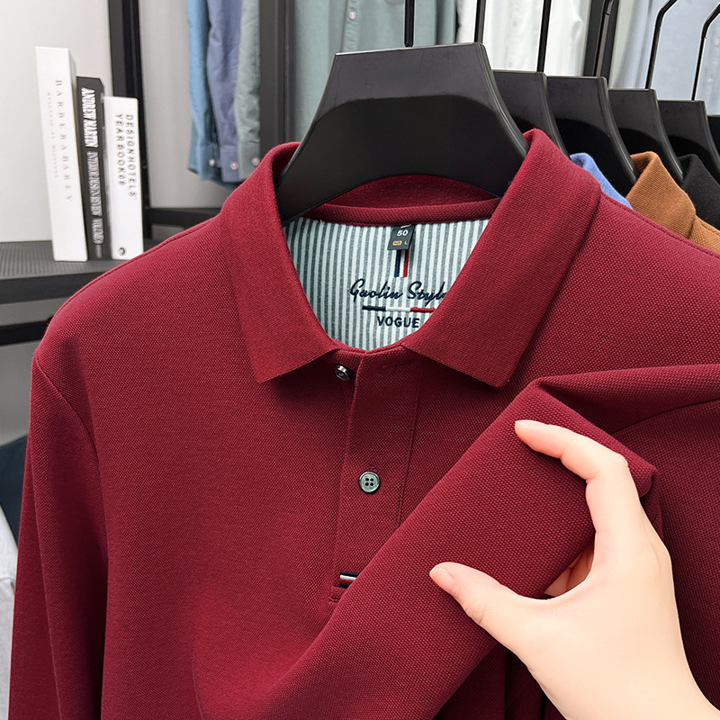 Áo polo nam dài tay cổ bẻ 100% cotton đánh bóng, form regular — nâu vàng