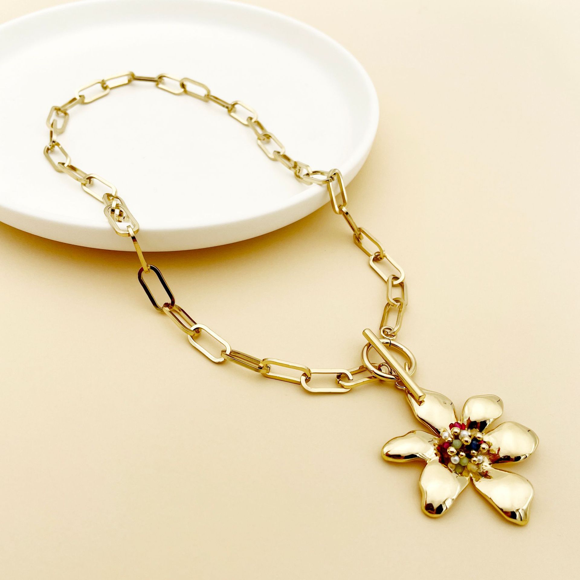 304 Stainless Steel Material Flower Pattern Women'S Gender Wholesale Jewelry Fashion Flower 304 Stainless Steel Crystal Beads Gold Plated Plating Stainless Steel Necklaces