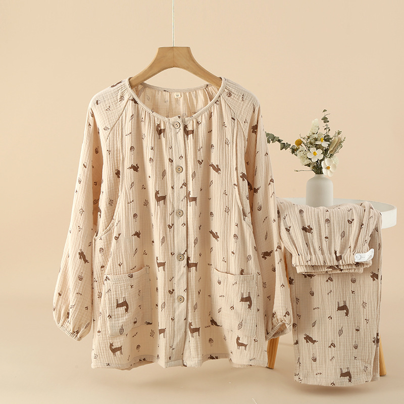 Crepe Pure Cotton Yarn Crewneck Women's Spring and Autumn Moon Clothing Curved-mouth Invisible Nursing Pajamas Home Clothes suit