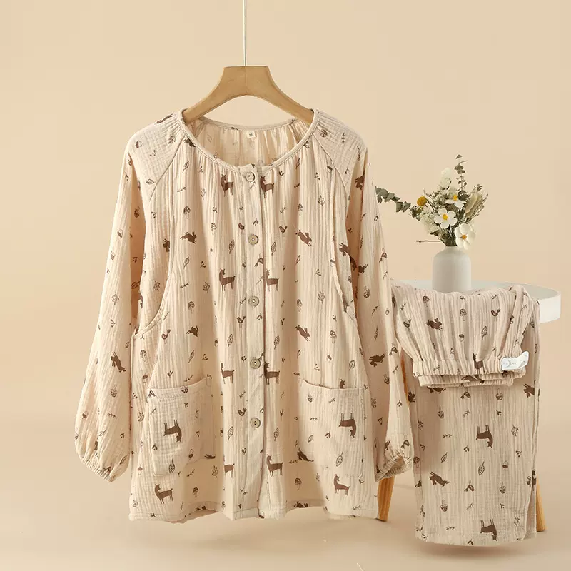 绉布纯棉棉纱圆领女士春秋季月子服弯口隐形哺乳睡衣家居服套装