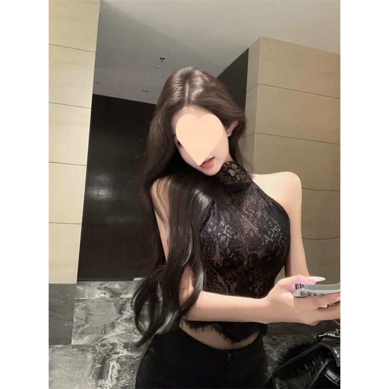 Сексуальная красивая задняя черная шея жилет женский осеннее кружевное сшивание тонкое тело