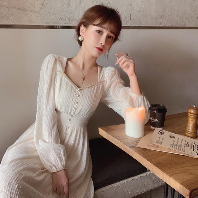 2025秋冬法式复古亮片V领连衣裙洋气雪纺刺绣高腰显瘦裙子女|undefined