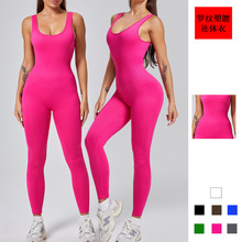 严选欧美跨境亚马逊螺纹针织收腹提臀运动修身透气U领长裤连体衣
