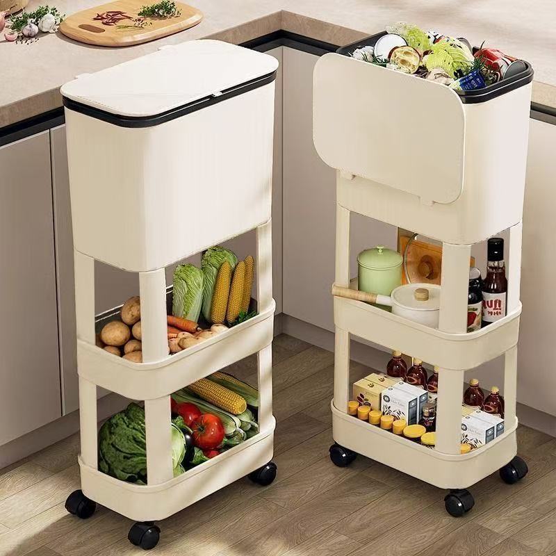 Three-Layer Kitchen Trash Can with Lid, Removable, Bend-Free Household Sanitary Bucket, Cream White Storage Rack