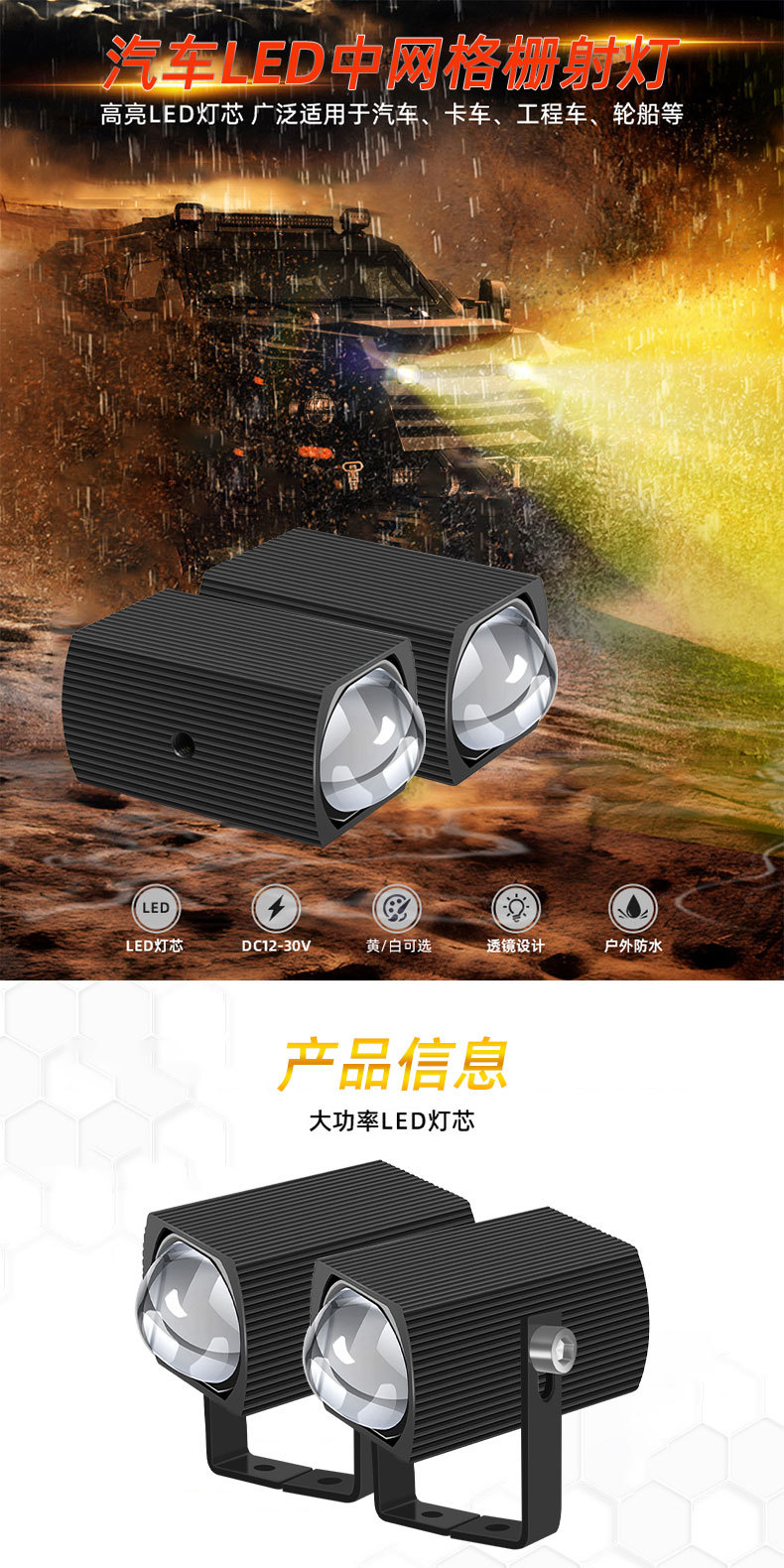 High brightness car LED front fog lamp grid spotlight white yellow two-color motorcycle daytime running light warning light