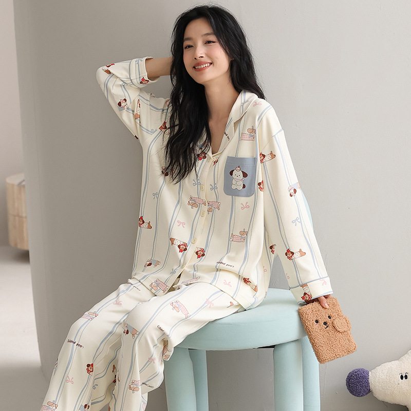Pajamas Women's Long-Sleeved Trousers Autumn with Chest Pad Lapel Cardigan Free Wear Bra Sweet Stripe Cartoon Homewear