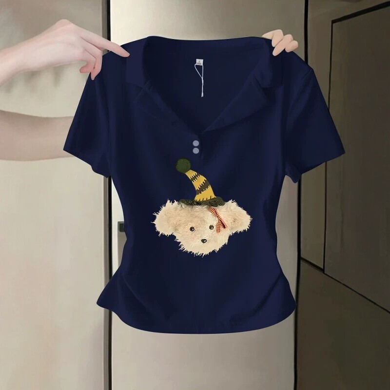 Navy Blue Bear Print Polo Shirt Short-Sleeved T-Shirt for Women in Summer, Versatile, Slim-Fitting, Right-Shoulder Design Top Navy Blue Bear Print Polo Shirt Short-Sleeved T-Shirt for Women in Summer, Versatile, Slim-Fitting, Right-Shoulder Design Top