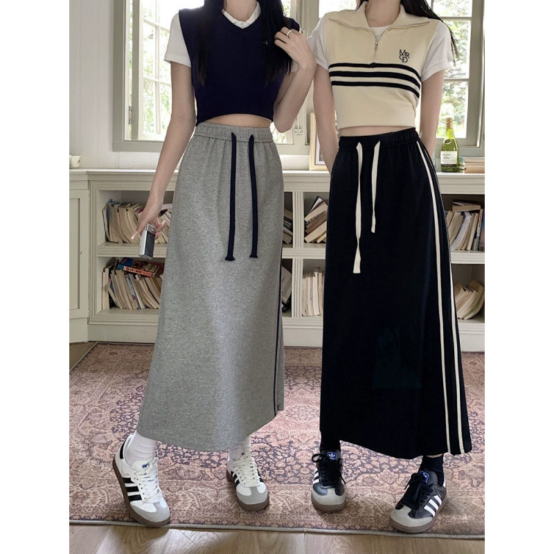 Реальная цена ~ 2025, новая трикотажная юбка трапециевидной формы средней длины в корейском стиле с разрезом и эластичной резинкой на талии для женщин