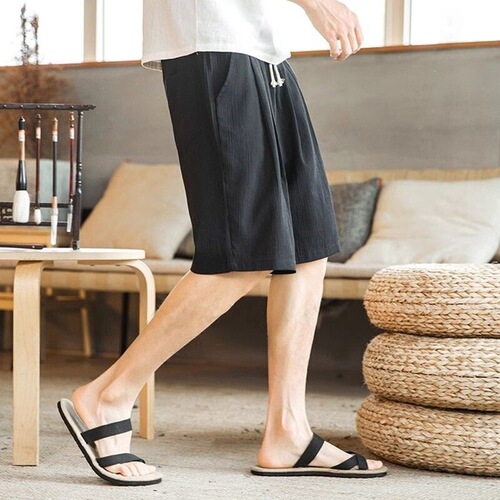 Linen shorts for men, summer outer wear, men's casual quarter pants, summer thin loose cotton and linen pants, ice silk pants
