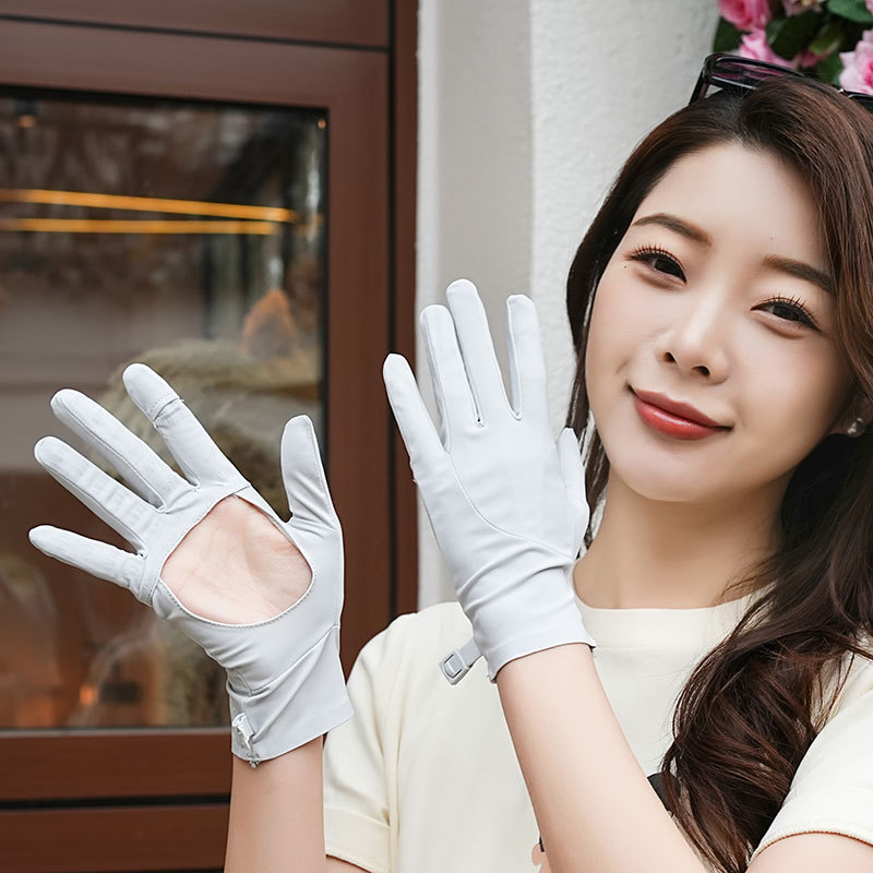 Guantes de protección solar de verano, guantes huecos de palma para mujer, anti-ultravioleta, antideslizante, guantes transpirables de seda de hielo con sombra fina