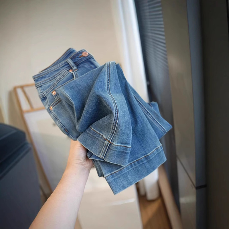 1437 Leg Straight Denim Casual High Waist Stitching Slim-fit Slimming Straight Pants Cropped Jeans Women's Autumn