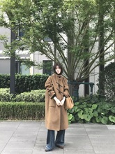牛角扣韩系立领毛呢大衣女冬季新款宽松气质驼色中长款外套