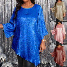 2025春夏新款欧美亚马逊跨境大码宽松圆领中袖不规则下摆上衣女装