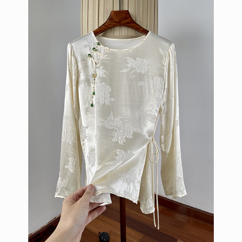 New Chinese style silk crown music wrinkled long sleeve blouse female! High-grade Retro Button Mulberry Silk Jacquard Shirt