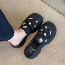 牛皮版~真皮厚底包头拖鞋女夏季新款一脚蹬珍珠蝴蝶结透气洞洞鞋