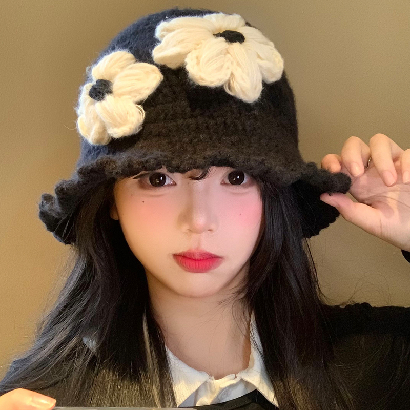花朵针织渔夫帽女秋冬季韩版显脸小黑色水桶帽大头围保暖毛线帽子|undefined