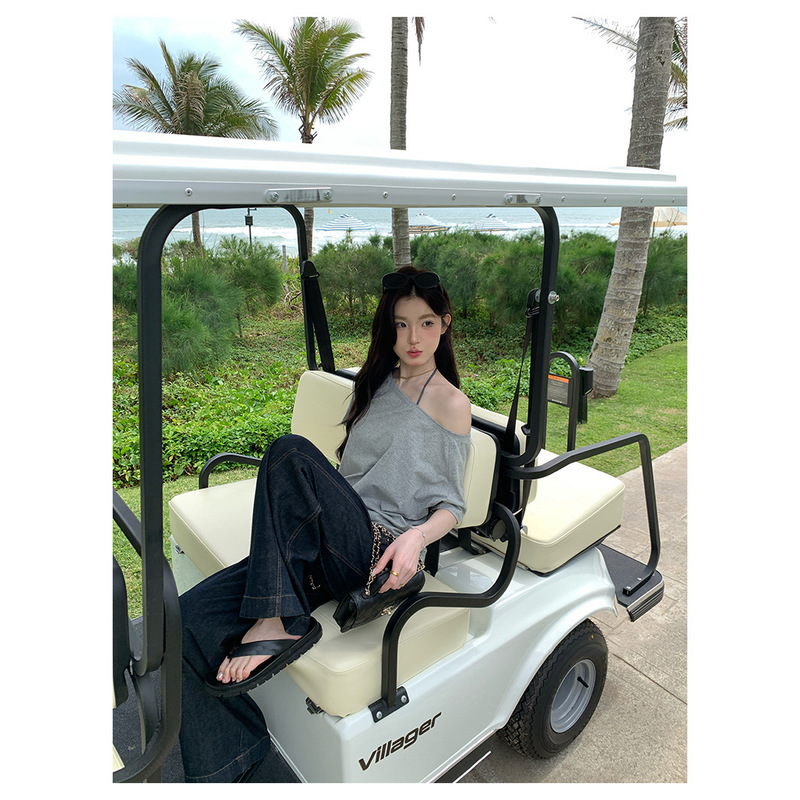 3531# alex stevens 慵懒风露肩t恤女一字肩斜肩短袖设计感上衣新|undefined