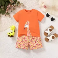 JOJO BEAR Европейская и Американская детская одежда Летний новый трикотаж из хлопка с короткими рукавами с принтом жирафа для девочек с короткими рукавами