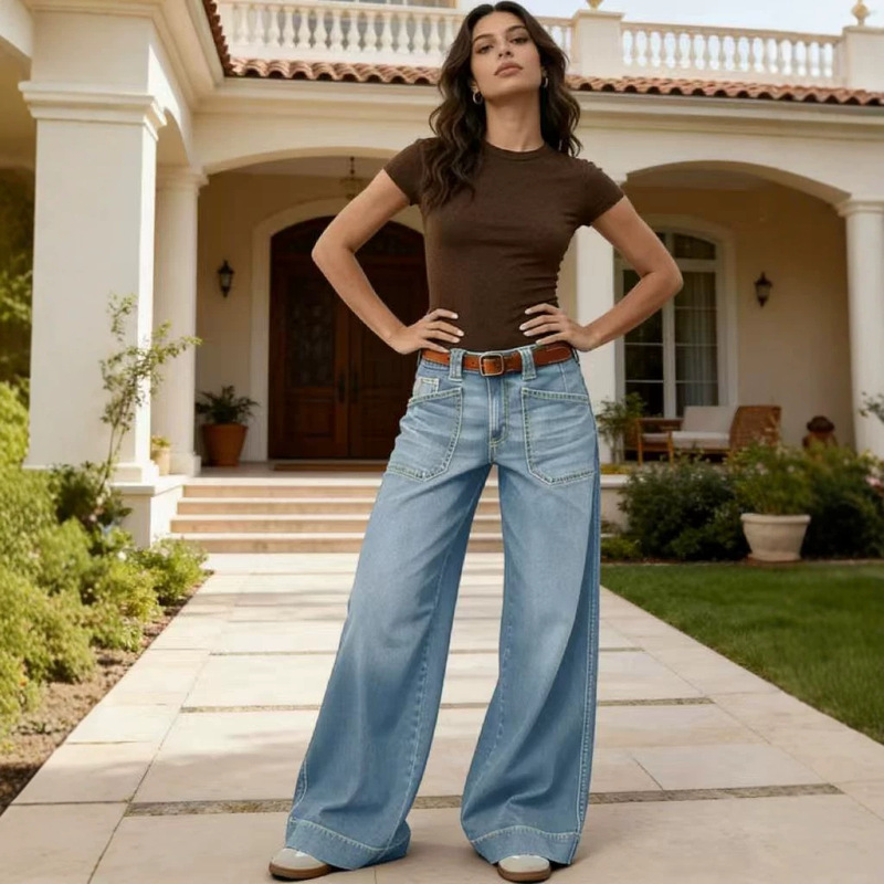 Gallery Dept Style Multi-Pocket Wide-Leg Jeans for Women, Cross-Border American Retro High-Waisted Pants, Foreign Trade Tiktok