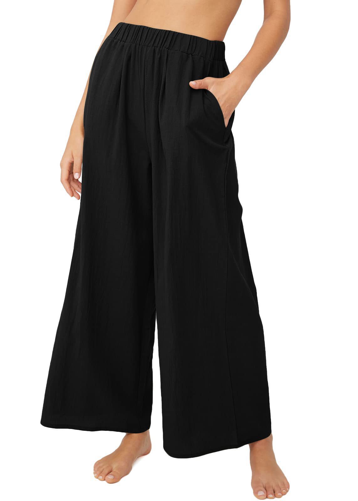 Effortless High-Waisted Wide-Leg Linen-Blend Trousers For Women, Comfortable Loose Fit Casual Palazzo Pants_ecoleips.com
