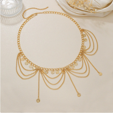 European and American ethnic style tassel disc waist chain, vintage simple multi-layer hollow chain body chain, women's belt