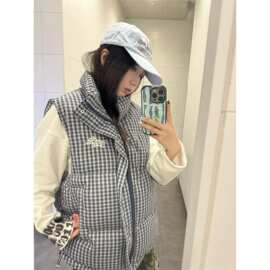 美式格子无袖羽绒棉服马甲女秋冬2025年新款叠穿宽松马夹背心外套