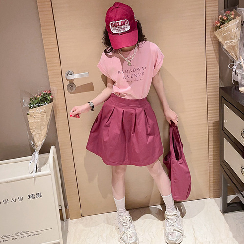 Summer 2024 Girls Short Skirt Set New Medium and Large Children Cotton Letter T-Shirt Trendy Casual Loose Two-piece Set