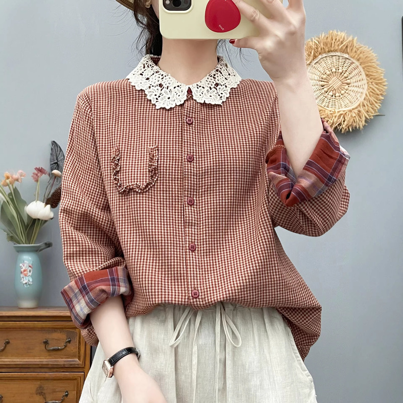 French-Style Artistic Lace Doll Collar Plaid Shirt for Women, Long-Sleeved, Soft and Skin-Friendly, Double-Sided Yarn-Dyed Double-Layer Cotton Gauze Top French-Style Artistic Lace Doll Collar Plaid Shirt for Women, Long-Sleeved, Soft and Skin-Friendly, Double-Sided Yarn-Dyed Double-Layer Cotton Gauze Top