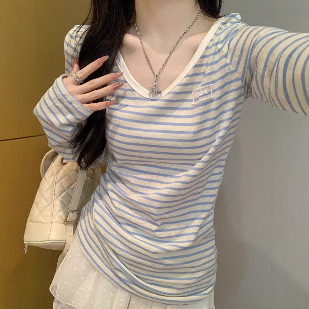 Blue Striped Sunscreen Long-sleeved T-shirt Women's Spring And Autumn Loose Lazy Blouse Top_ecoleips.com