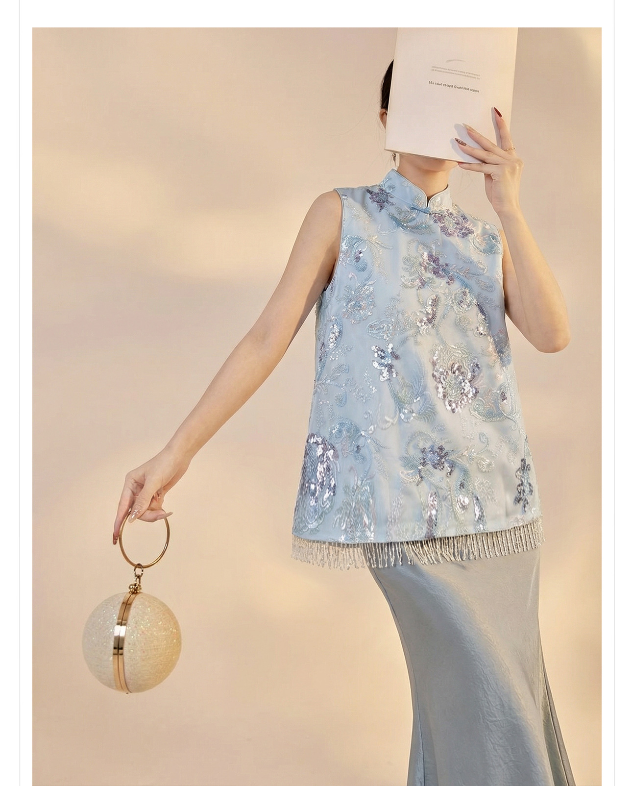 Áo gile nữ thêu sequin tua rua phong cách tân cổ điển xuân hè — xanh lam, màu mơ chi tiết 15
