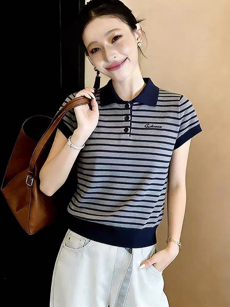 Áo thun polo nữ tay ngắn sọc kẻ phong cách Hàn Quốc — Sọc