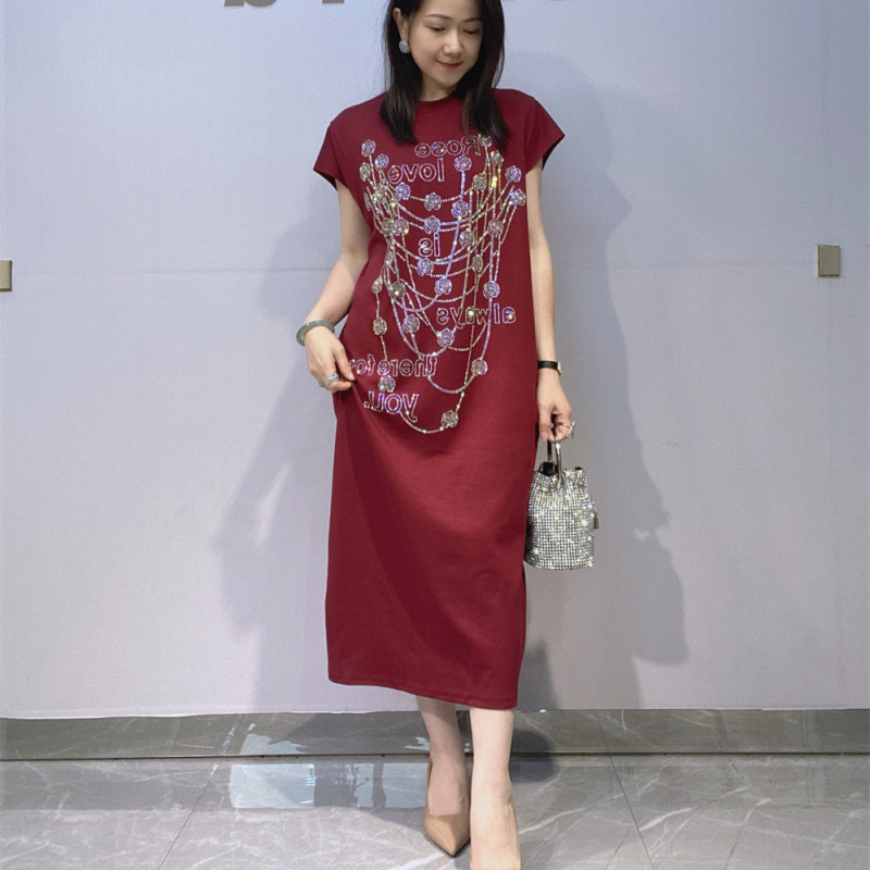 European and American Fashion Women's Clothing, Rhinestone Round Neck Short-Sleeved Long Dress, Women's Summer Plus Size High-End Rhinestone Evening Dress European and American Fashion Women's Clothing, Rhinestone Round Neck Short-Sleeved Long Dress, Women's Summer Plus Size High-End Rhinestone Evening Dress