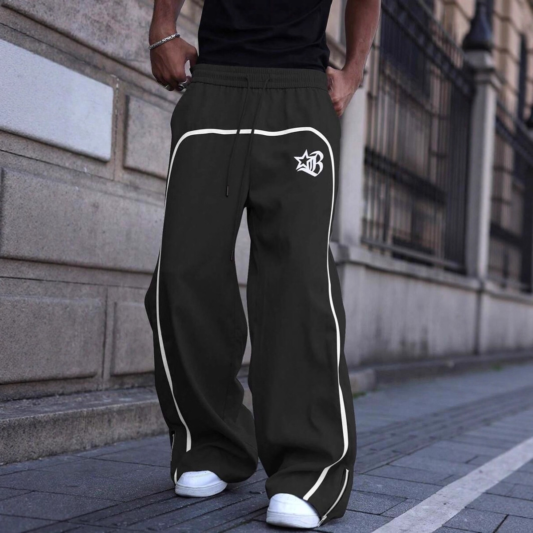 Pantalon polyvalent à imprimé linéaire simple, tendance et facile à porter en toutes saisons_voghion.com